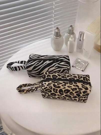 1件装豹纹、斑马纹、千鸟格和花卉图案化妆包，化妆刷收纳包，适合旅行、居家使用，男女通用，四季皆宜