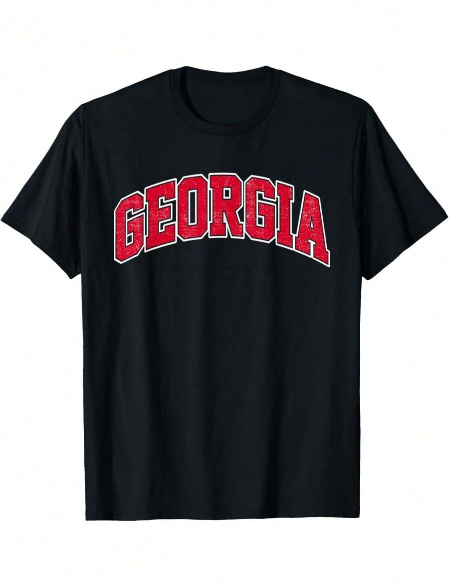 Georgia GA Vintage Varsity Style Sports Gift Men Women Girls T-Shirt,Slogan Print Round Neck Short Sleeve Tee For Women,Unisex Cotton Casual T - Shirt - 黑色 - 查看 1