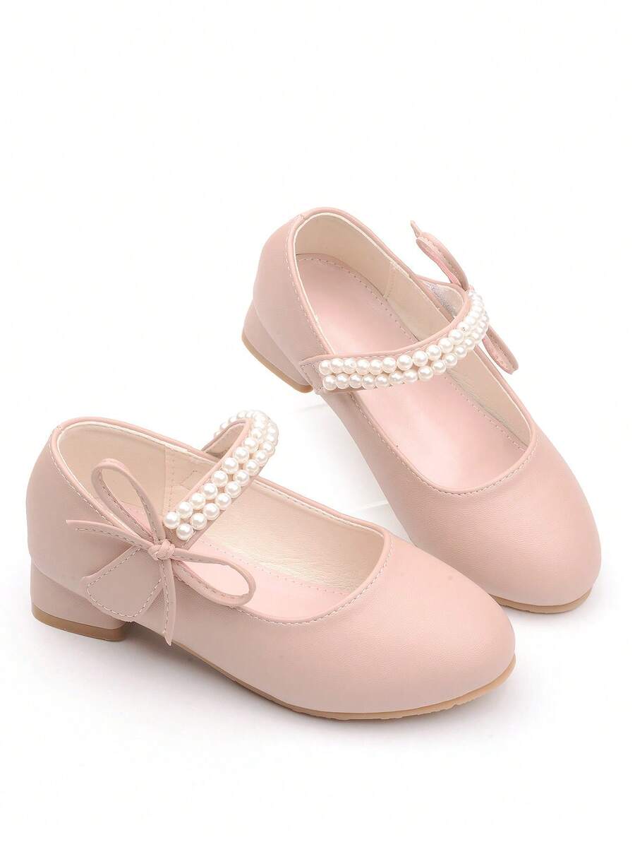 Girls Pearl Princess Shoes, White Leather Shoes, Mid-Heel, Spring/Autumn