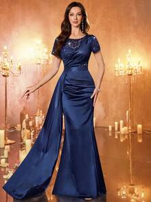 MIUSOL Vestido de fiesta maxi con contraste de encaje con lentejuelas, cuello redondo de satén, cintura ajustada, drapeado lateral asimétrico, elegante vestido de fiesta para mujeres, vestido de noche formal, vestido de graduación, para invitados de boda, cena