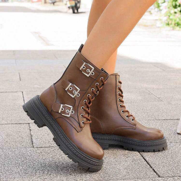 Botas de tobillo con hebilla de remache para mujer, botas de tobillo con tacón grueso, botas nuevas de otoño/invierno con puntera redonda y cremallera lateral, botas negras cómodas, botas de moda casual - Marrón - Añade 9