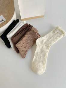 6 Pairs Women's Fashion Sweet Cable Knit Solid Color JK Style Breathable Mid-Calf Socks