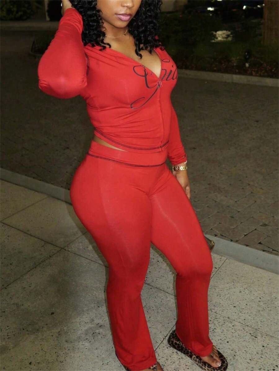 FQLWL Women's Casual Street Style Tracksuit, Printed Zip-Up Hoodie And Pants Set, Long Sleeve 2-Piece Outfit Spring Red Elegant - Red - View 1