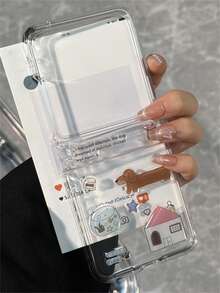 可爱DIY卡通猫腊肠犬简约插画果冻环氧树脂贴纸透明手机壳，兼容三星Galaxy Z Flip7 Flip6 Flip5 Z Flip 4 3，可爱动物图案折叠后盖 - 狗 - 查看 2