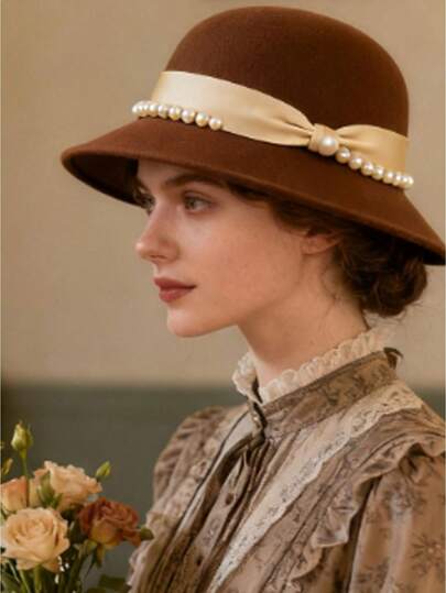 Women Wool Cloche Hat Rolled Brim Elegant Pearl Embellishments Ribbon Bucket Hat Lightweight Derby Hats