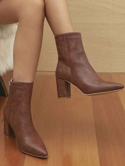 Women's Fashion High Heel Boots, Chocolate Color Pointed Toe Chunky Heel Mid-Calf Boots, Coffee Leather Mid-Calf Boots, Retro Party Western Style Street Casual Faux Leather Autumn/Winter Ankle Boots, Brown Short Boots, Christmas Winter Boots, Coffee Leather Boots For Party, Office, School, Holiday, All Season