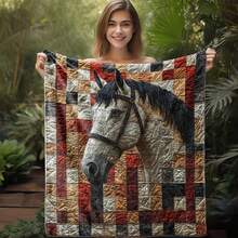 Extra Large Horse Blanket Realistic Horse Head & Brown/Black/White/Gray/Beige/Red/Blue/Green/Gray/Black Soft Flannel AllSeason Throw For Bed, Sofa, Car, Camping Equestrian Gift For Horse Lovers (MultiColor Options) Warm & Comfortable With Horse & Plaid Design, Hand Wash Only, MultiPurpose Use, Cozy & Luxurious Texture, Ideal For Travel & Home Decor (No Frills) - 混合 - 查看 3