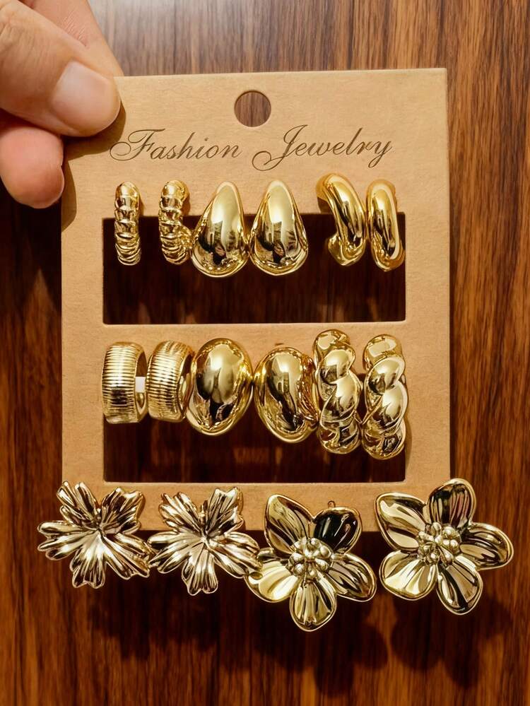 16pcs Minimalist High-End UV Plated CCB Resin Stud Earrings Set, C-Shaped Hoop Earrings Set, New Plated Earrings For Women, Hip-Hop Jewelry, Geometric Earrings, Everyday Wear, Gift For Girlfriend/Family/Friends - Gold - View 1