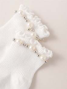 3双/套 女婴手工珍珠袜 春秋季公主风儿童可爱袜子 幼儿儿童柔软蕾丝短筒踝袜 地板袜 适合0-8岁 白色 粉色 深粉色