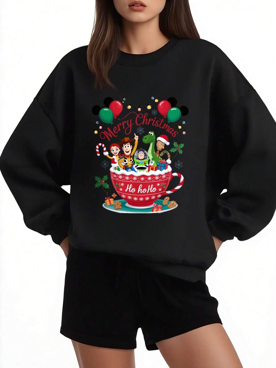 Disney Christmas Sweatshirt Black Mickey Mouse And Friends In Hot Chocolate Cup Merry Christmas Ho Ho Ho Holiday Party Wear - 黑色 - 查看 1