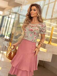 Women's Midi Skirt Fashion Evangelical Executive Casual Lined With Ruffles And Buttons - Màu hồng gỉ - Xem 6