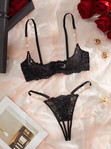 Conjunto de lencería para mujer, con encaje de leopardo negro y cadena dorada, diseño abierto y hueco con copa 1/4 - Negro - Ver 4