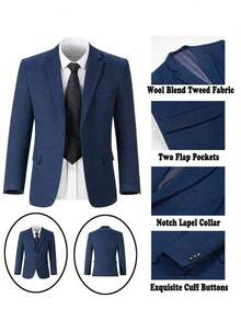 3pcs Navy Blue Herringbone Suit Set For Boys, Including Jacket, Vest And Pants - Navy Blue - View 5
