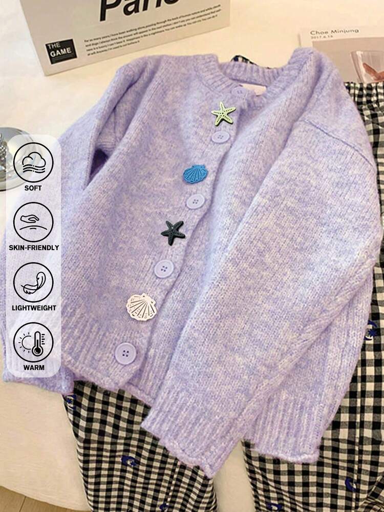 JIANHU Chaqueta de punto tipo cárdigan de estilo de playa primaveral para mujer - Suéter de cuello redondo suave decorado con botones de estrella de mar y concha, perfecto para fiestas del Día de San Patricio y uso casual - Morado - Añade 3