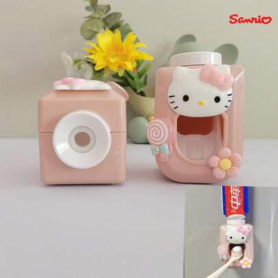Sanrio Exprimidor de pasta de dientes montado en la pared de Hello Kitty, exprimidor de pasta de dientes automático y lindo de dibujos animados, diseño montado en la pared sin perforaciones, muy adecuado para usar en baños y balcones.