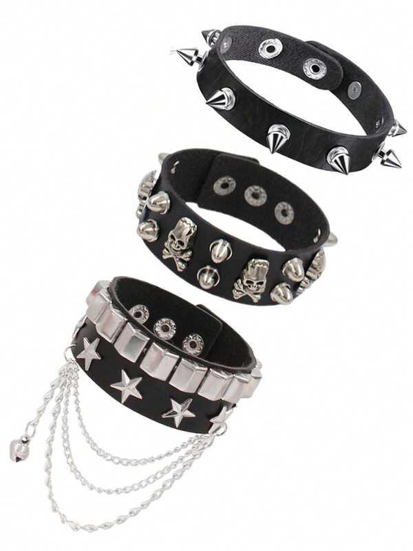 1/3/4 قطعة من أساور الجمجمة الجلدية ذات الطابع البارز والقوي للهيب هوب، أساور جلدية بنقوش جمجمة بنكية ذات مسامير، أساور جلدية متعددة الطبقات، أساور جلدية بنكية ذات جمجمة وطراز قديم للأزواج، ملاحظة: قد تكون هناك اختلافات طفيفة في اللون، يرجى الرجوع إلى المنتج الفعلي