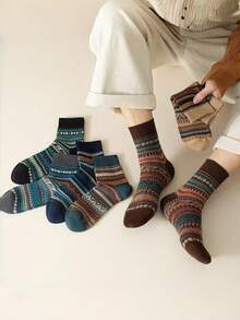 5 Pairs Vintage Crew Socks, American Fashion Patterned Socks, Random Assortment, Autumn/Winter