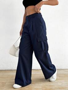 Pantalones de piernas anchas con botones para mujeres, tejidos sólidos, tejidos de poliéster ligeros y cómodos, pantalones individuales de moda elegante - azul real - Ver 3