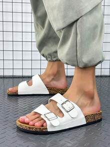 New Fashionable Casual Soft Cork Sole Men's Adjustable Soft PU Leather Slip-On Slippers, Anti-Slip, Lightweight, Comfortable Indoor/Outdoor Sandals - White - View 2