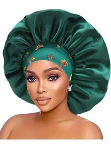 قبعة حرير للنوم للنساء ذات حافة واسعة وحزام مطاطي مطبوع، قبعة نوم من الحرير الناعم للشعر المجعد (نمط طباعة عشوائي)