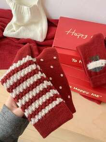 Set de șosete tricotate duble roșii 8/4/1 - model cu buline/dungi/copaci, șosete de damă, șosete confortabile cu guler rotund, cadou de sărbători - roșu - Vizualizare 7