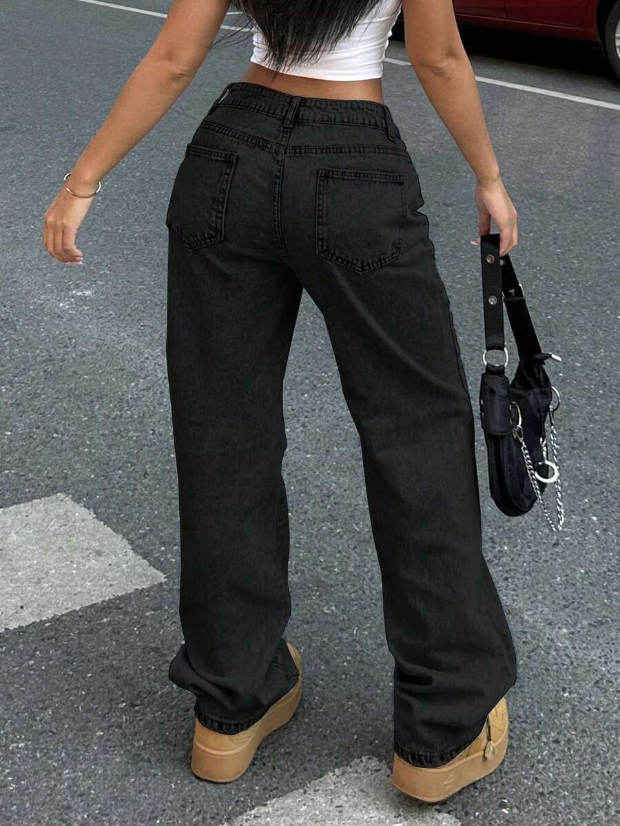 Women Casual Light Color Water-Washed Wide Leg Denim Jeans For Daily Wear - màu đen - Xem 1