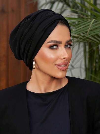 1pc Women's Classic Solid Color Chemo Turban Hat, High Elasticity & Pleated Design, Anti-Slip & Breathable, Multilayer Pleated Headwrap For Hijab, Soft & Skin-Friendly Modal Knitted Fabric, Suitable For Daily Wear