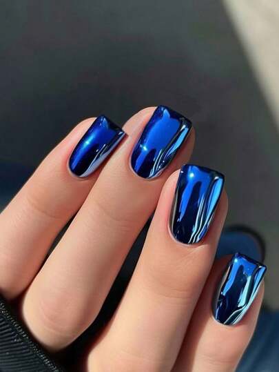 24pcs/Set Y2K Style Magical Royal Blue Metallic Chrome Shiny Press-On Nails, Rectangular Holographic Nail Foils, Iridescent Mermaid Mirror Glitter Pearl Artificial False Nails, Includes 1pc Jelly Gel And 1pc Nail File. Royal Blue And Chrome Nails Make Your Fingertips Shine Beautifully, Suitable For Women & Girls For Daily Work And Rave Parties.