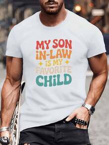 Camiseta casual de algodón para hombre GILDAN - "Mi yerno es mi hijo favorito" con gráficos de estrellas coloridas, manga corta, cuello redondo, esencial para el verano para papá, abuelo o sobrino, ropa de abuelo | Camiseta gráfica juguetona | Camiseta de algodón - Blanco - Ver 2