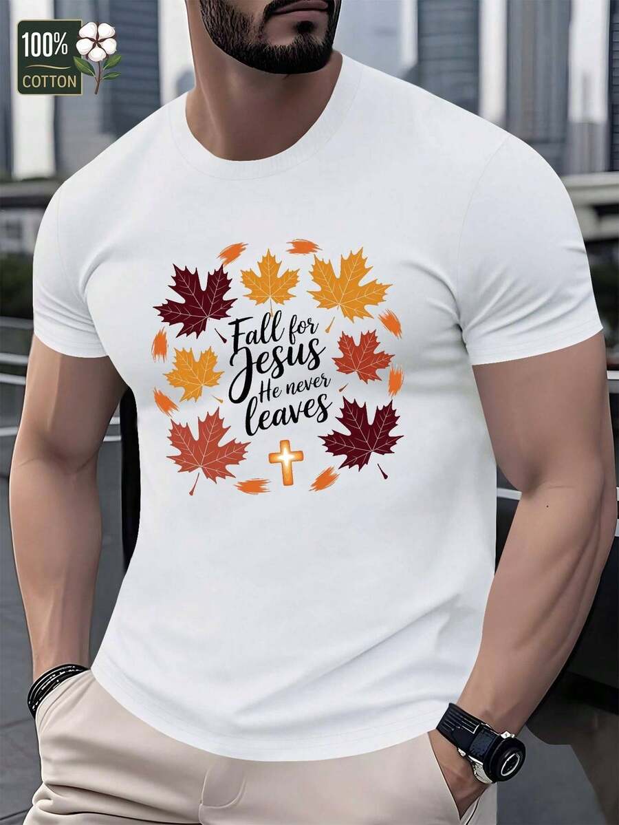 Camiseta de hombre "Fall for Jesus He Never Leaves" - Fe Cristiana, Manga Corta, Cuello Redondo, Ropa Casual de Verano para la Iglesia con Diseño de Hojas de Otoño y Cruz, Ropa con Base en la Fe, Camiseta con Patrón Geométrico, Camiseta de Ajuste Cómodo, Ropa para la Comunidad de Fe