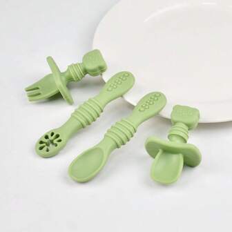 四件套婴儿硅胶叉勺套装 - 适合0-3岁婴儿的断奶勺，卡通软勺，长短柄，漏勺（可用于盛米糊），幼儿喂养用具