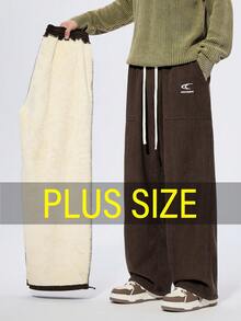 Plus Size Straight Leg Casual Pants, Corduroy Thermal Lined Thick Casual Trousers, Suitable For Autumn/Winter - Coffee Brown - View 1