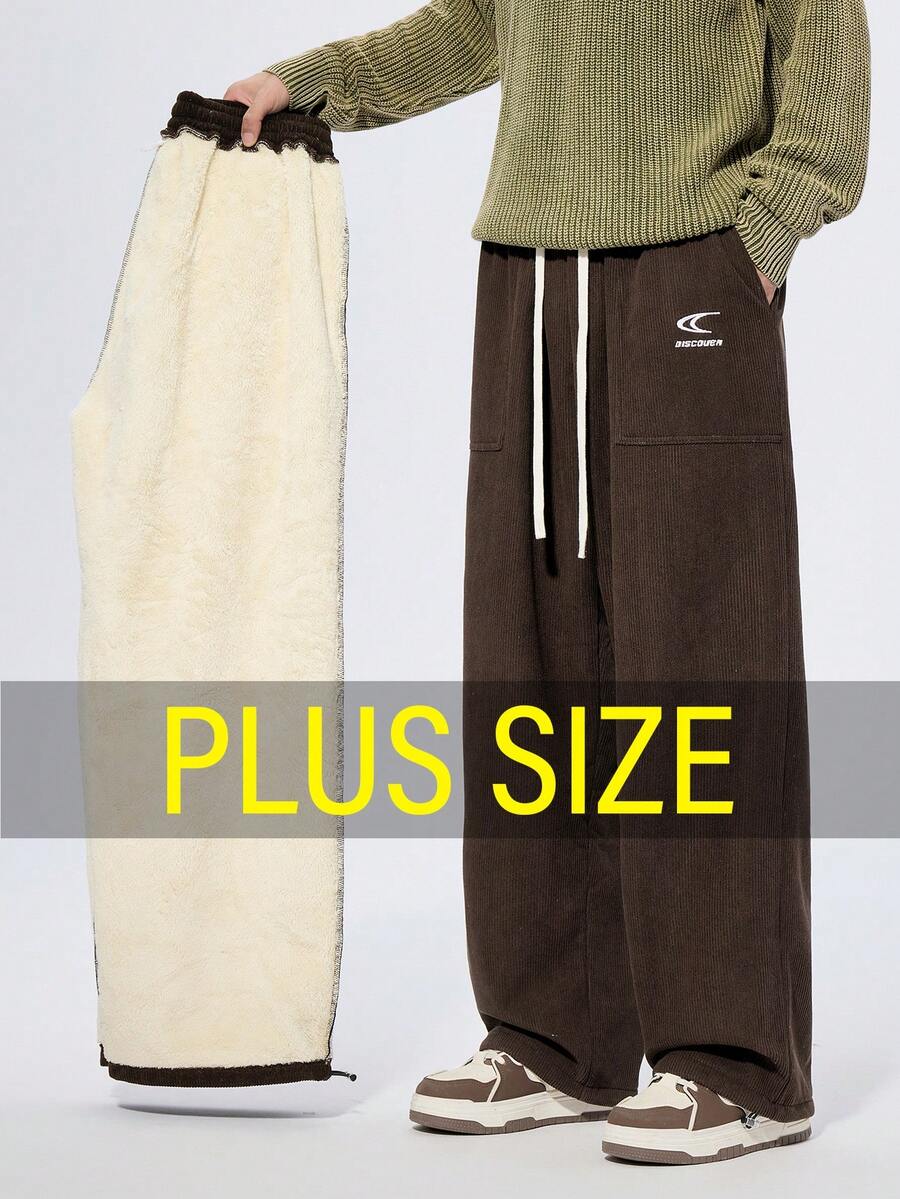 Plus Size Straight Leg Casual Pants, Corduroy Thermal Lined Thick Casual Trousers, Suitable For Autumn/Winter - Coffee Brown - View 1