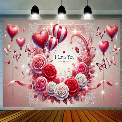 Banner 2D 1 tấm phông nền bóng bay hình trái tim và hoa hồng lãng mạn, phông nền hoa hồng ngày lễ tình nhân - Chủ đề "Anh yêu em", 2D phẳng, Nhiều kích cỡ - Thích hợp cho trang trí đám cưới, tiệc tùng & trang trí nhà cửa, Hoàn hảo cho các tình huống ngày lễ tình nhân