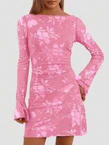 PRETTYGARDEN Women's Spring And Fall Fashion Floral Long Sleeve Mini Dress Mesh Bodycon Short Party Date Night Going Out Dresses Dhristmas New Years Valentine Vacation Dresses For Women - 粉色 - 查看 4