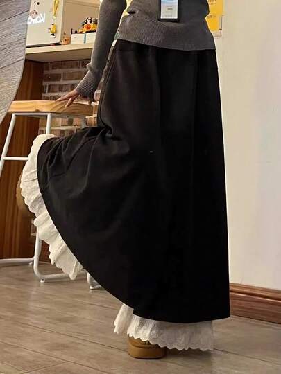 大きいサイズ接合フェイク2点セットレース縁取りワイドレッグスカートパンツ2025韓国風ゴムウエストデザイン性カジュアルミディアムパンツ