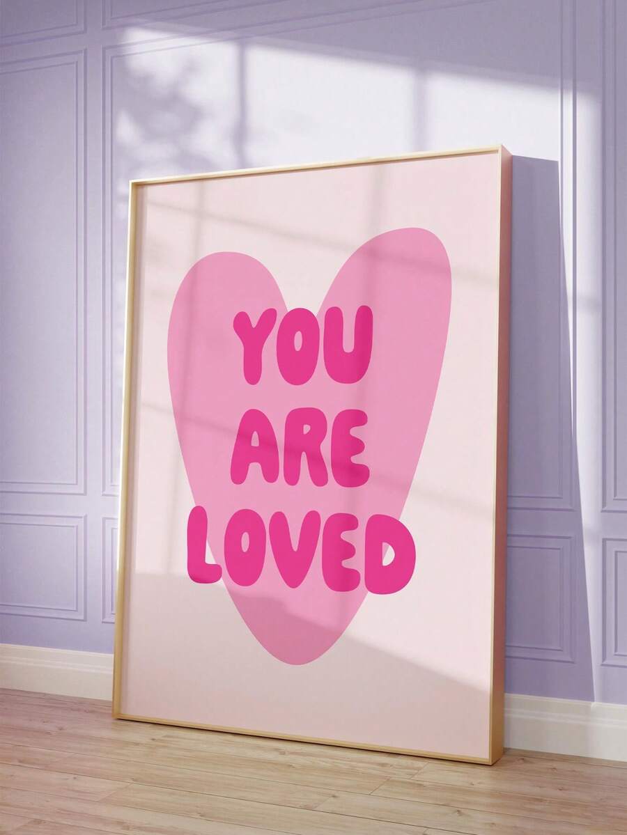 1幅无框“你被爱着”粉色爱心艺术画，励志墙饰，鼓舞人心的名言帆布画，适用于卧室、客厅、宿舍装饰海报，趣味海报，房间装饰，卧室墙饰，“你被爱着”名言，粉色爱心艺术，励志装饰 - 彩色 - 查看 1