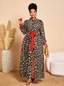 BIUBIU Đầm sơ mi cài cúc phối màu tương phản họa tiết da báo thời trang thu/đông dành cho nữ cỡ lớn, thích hợp mặc hàng ngày, làm đầm mùa đông, trang phục mùa thu, áo khoác mùa đông cho nữ, thanh lịch cho kỳ nghỉ xuân. - Nâu báo - Xem 4