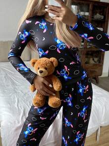 2pcs Stitch Print Women's Long T-Shirt And Pants Set, Cute Heart Stitch All-Over Print, Stretchy & Skin-Friendly, Casual Loungewear Suitable For Spring & Autumn - Black - View 2