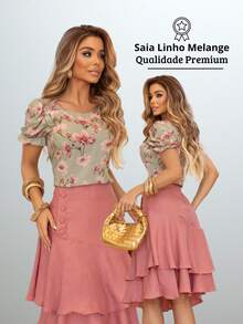 Women's Midi Skirt Fashion Evangelical Executive Casual Lined With Ruffles And Buttons - Màu hồng gỉ - Xem 8