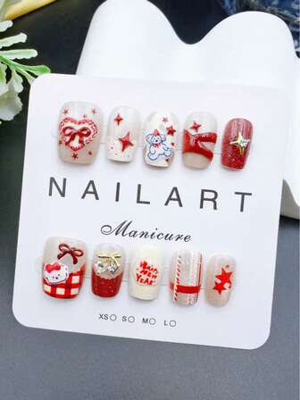 Purely Handmade Nail Art,10-Piece Set,Red,Short Trapezoid,Beauty , Fragrancestyle, French Tip Nails,Press On Nails,New Years Nails,Valentines Nail, Uv Light Nails,Summer Nails,Wearable Nail Art, Elegant And Generous Design, High-End French Style, Gel Polishing, Flash, Cat's Eye Effect, Metallic Luster, Full Coverage Of Fake Nail Tips