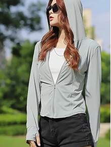 Chaqueta ligera de seda helada para mujer con protección solar para el verano Chaqueta de yoga para exteriores con protección UV Chaqueta transpirable con capucha y corte ajustado Prenda con protección solar - Gris - Ver 2