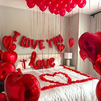 35 قطعة/مجموعة مجموعة بالونات بموضوع "أحبك"، بالونات حرف "أحبك" حمراء بقطر 16 بوصة، بالونات شكل قلب حمراء من الرقائق المعدنية بقطر 18 بوصة، بالونات التكس حمراء، مناسبة لحفلات عيد الميلاد وحفلات العزاب والخطوبة والذكرى السنوية وعيد الحب