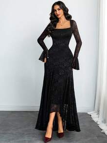 Women's Elegant French Romantic Sexy Square Neck Rose Lace Jacquard Vintage Double-Layer Ruffle Sleeve Asymmetric Hem Dress, Suitable For Dates, Vacations And Everyday Wear - Black - View 6