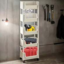 Carrito de almacenamiento móvil de cinco niveles con diseño con ruedas, adecuado para la sala de estar, el dormitorio y la cocina. Organiza libros y artículos de papelería del dormitorio. Estantería de almacenamiento multifuncional disponible en colores macaron/blanco. Regalo práctico para decoración de Halloween/Navidad - Multicolor - Ver 6