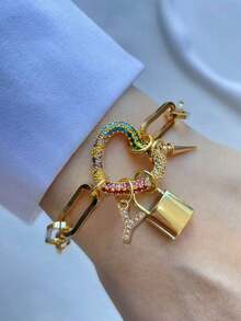 1件 STYLEVER 金色 A-Z 字母手链，彩色钻石心形扣链，白色钻石手链，不锈钢链，圣诞节礼物，万圣节礼物 - 金黃色 - 查看 14