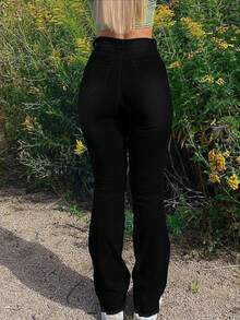 Women's Mid-Rise Flare Jeans - Stretchy Distressed Denim Jeans, Classic Washed Solid Color Retro Style, Casual Everyday Wear - Black - View 4
