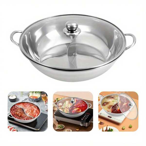 SENDERPICK Wok in acciaio inox da 34 cm con coperchio per anatra mandarina. Pentola calda in acciaio inox con divisore, pentola Shabu Shabu con coperchio in vetro, set di pentole calde, pentola calda in acciaio inox con divisore, pentola Shabu Shabu con coperchio in vetro, set di pentole