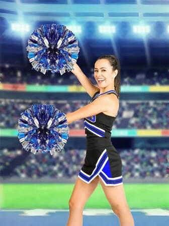 2pcs Blue And Silver Cheerleading Pom Poms - High-Index Plastic, Suitable For Dancing, Sports Events And Festive Occasions