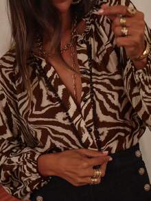 EARO 女士休闲度假风全身印花立领灯笼袖宽松衬衫 - 棕卡印花 - 查看 6